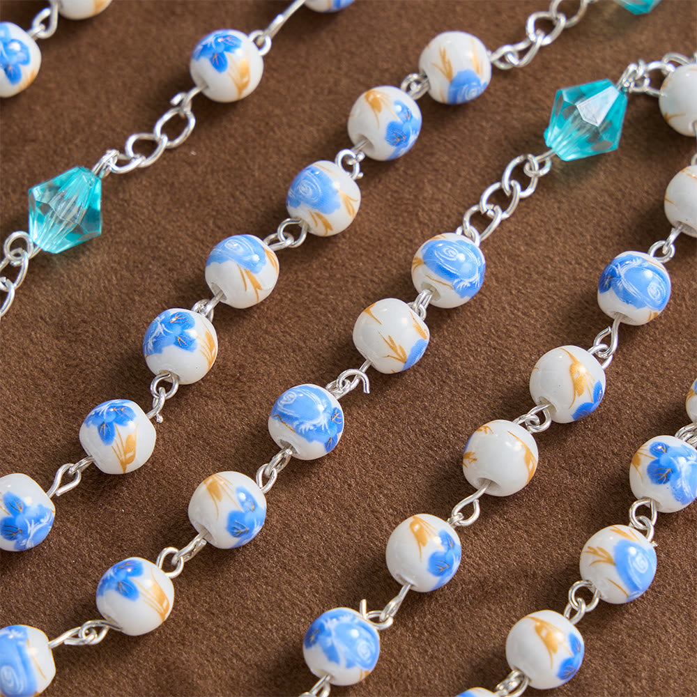 Soft Blue Floral Ceramic Bead Aqua Spacer Our Lady Crucifix Rosary