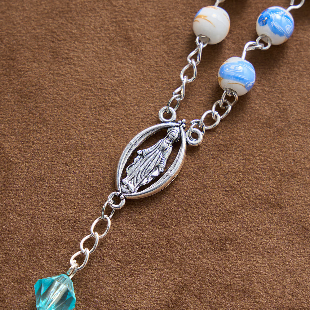 Soft Blue Floral Ceramic Bead Aqua Spacer Our Lady Crucifix Rosary