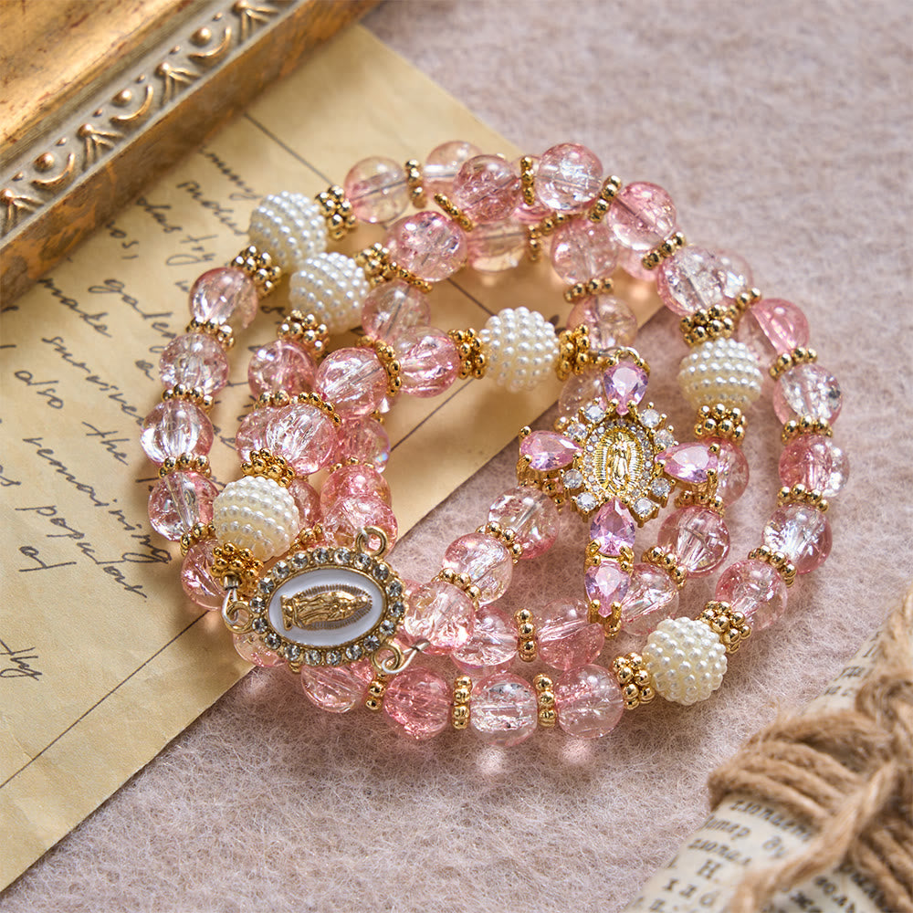 Glossy Transparent Crackle Glass Pink Tone Our Lady Accent Devotional Rosary