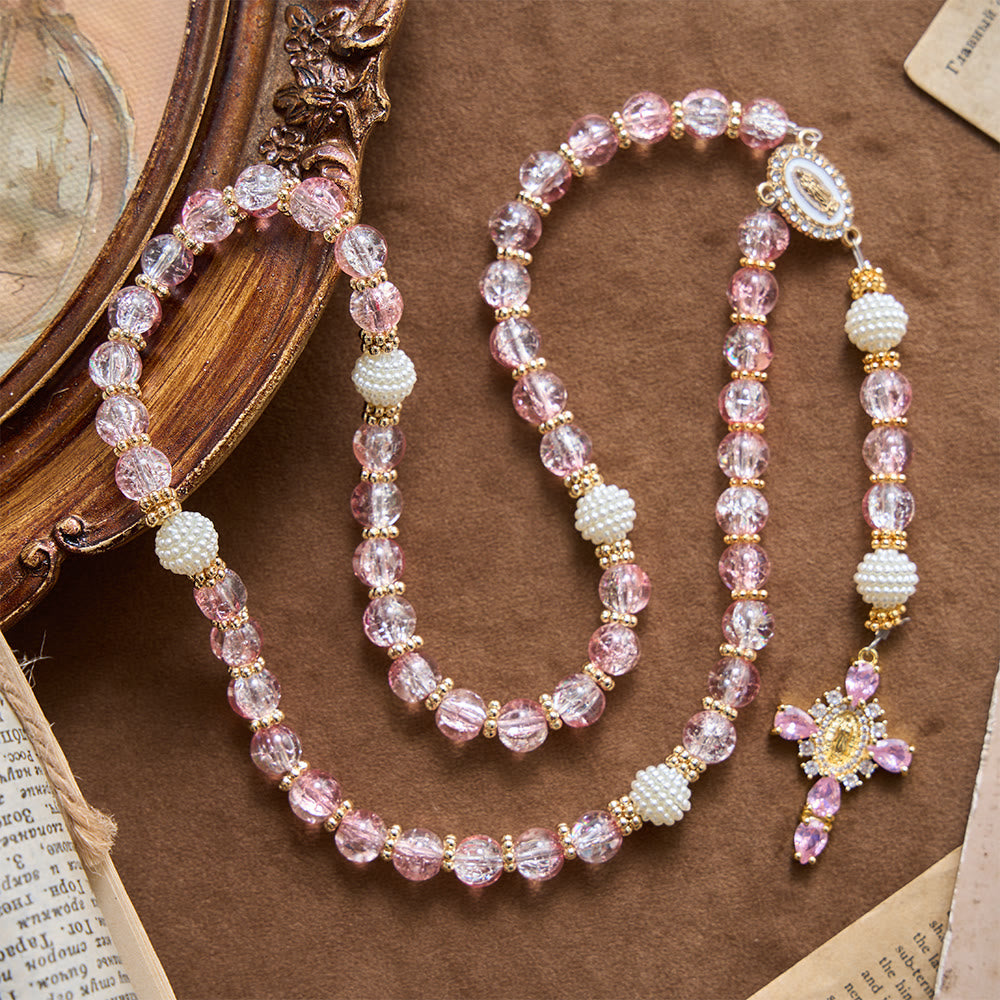 Glossy Transparent Crackle Glass Pink Tone Our Lady Accent Devotional Rosary