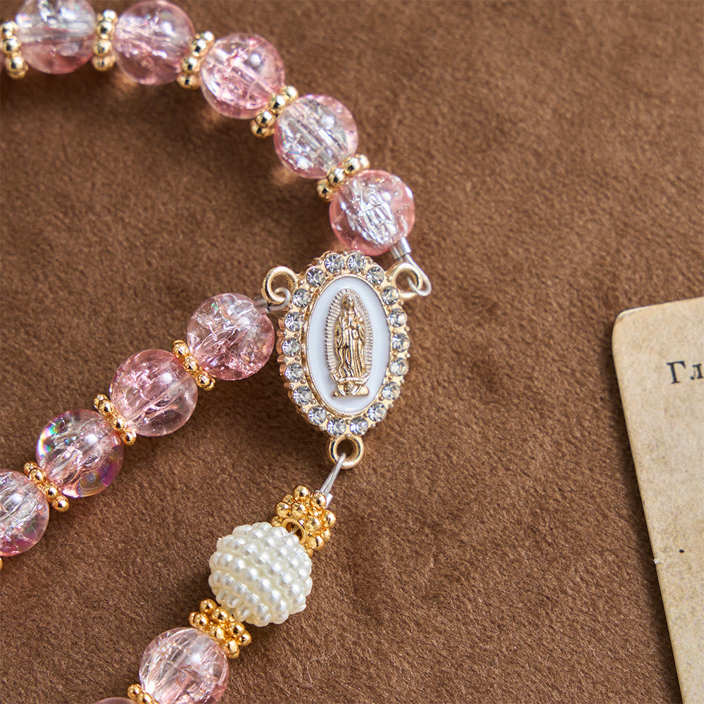 Glossy Transparent Crackle Glass Pink Tone Our Lady Accent Devotional Rosary