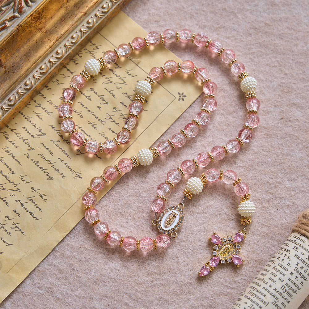 Glossy Transparent Crackle Glass Pink Tone Our Lady Accent Devotional Rosary