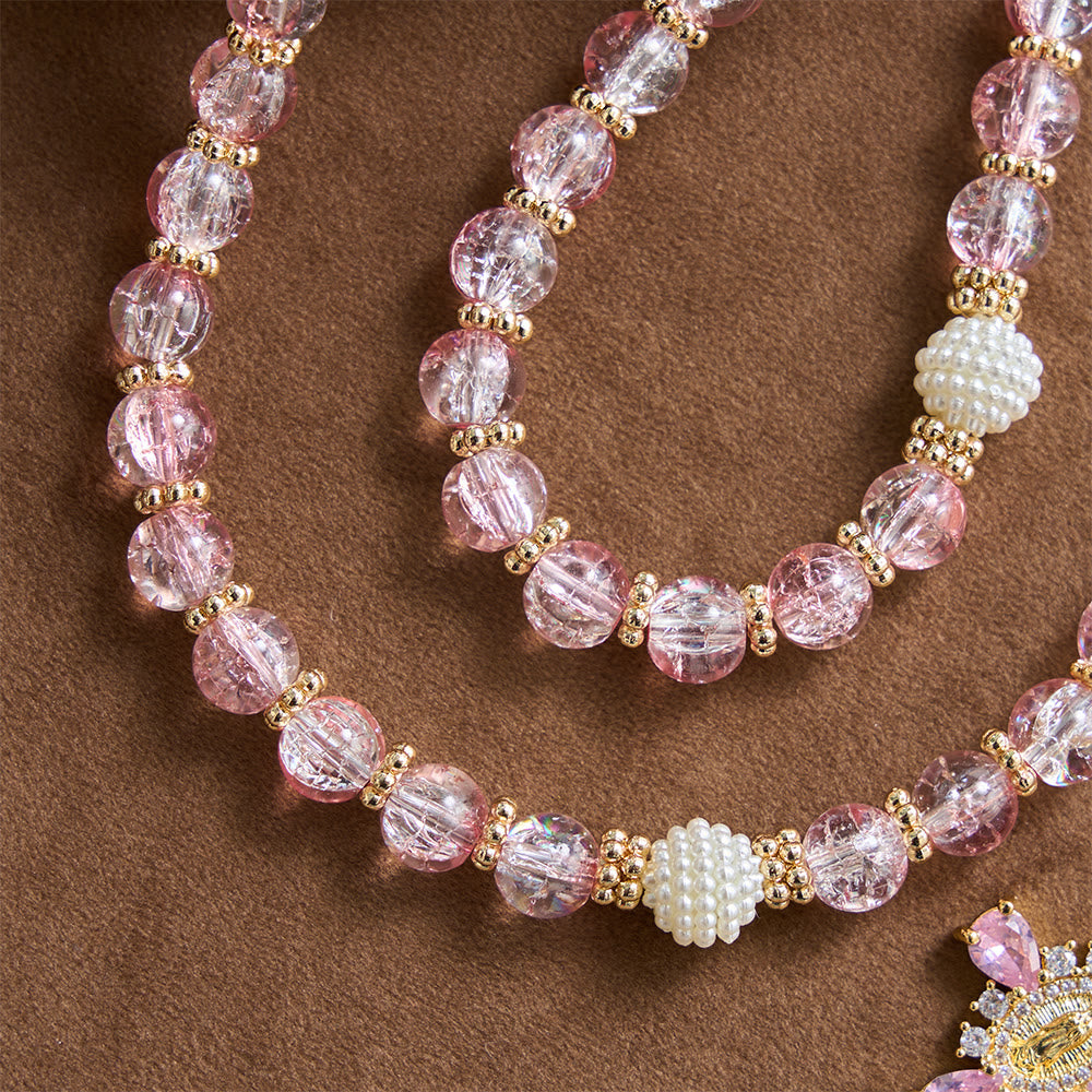 Glossy Transparent Crackle Glass Pink Tone Our Lady Accent Devotional Rosary