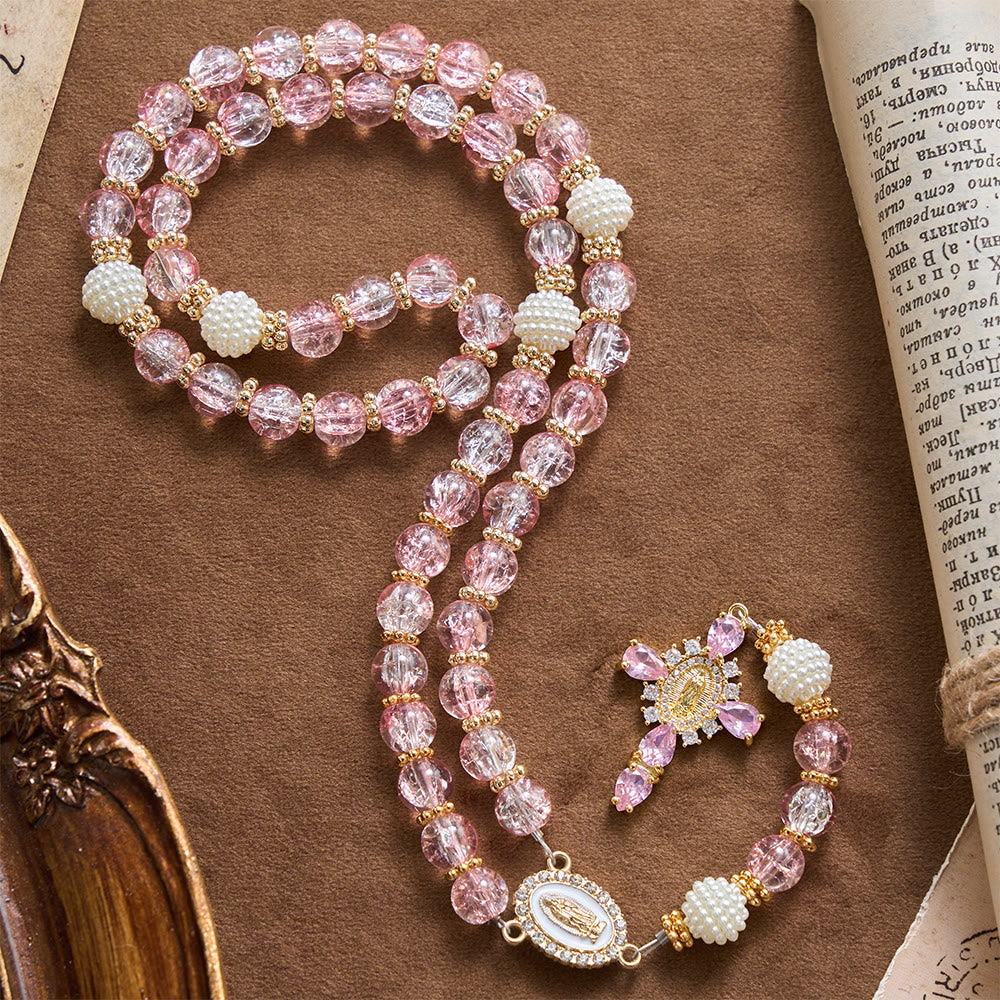 Glossy Transparent Crackle Glass Pink Tone Our Lady Accent Devotional Rosary