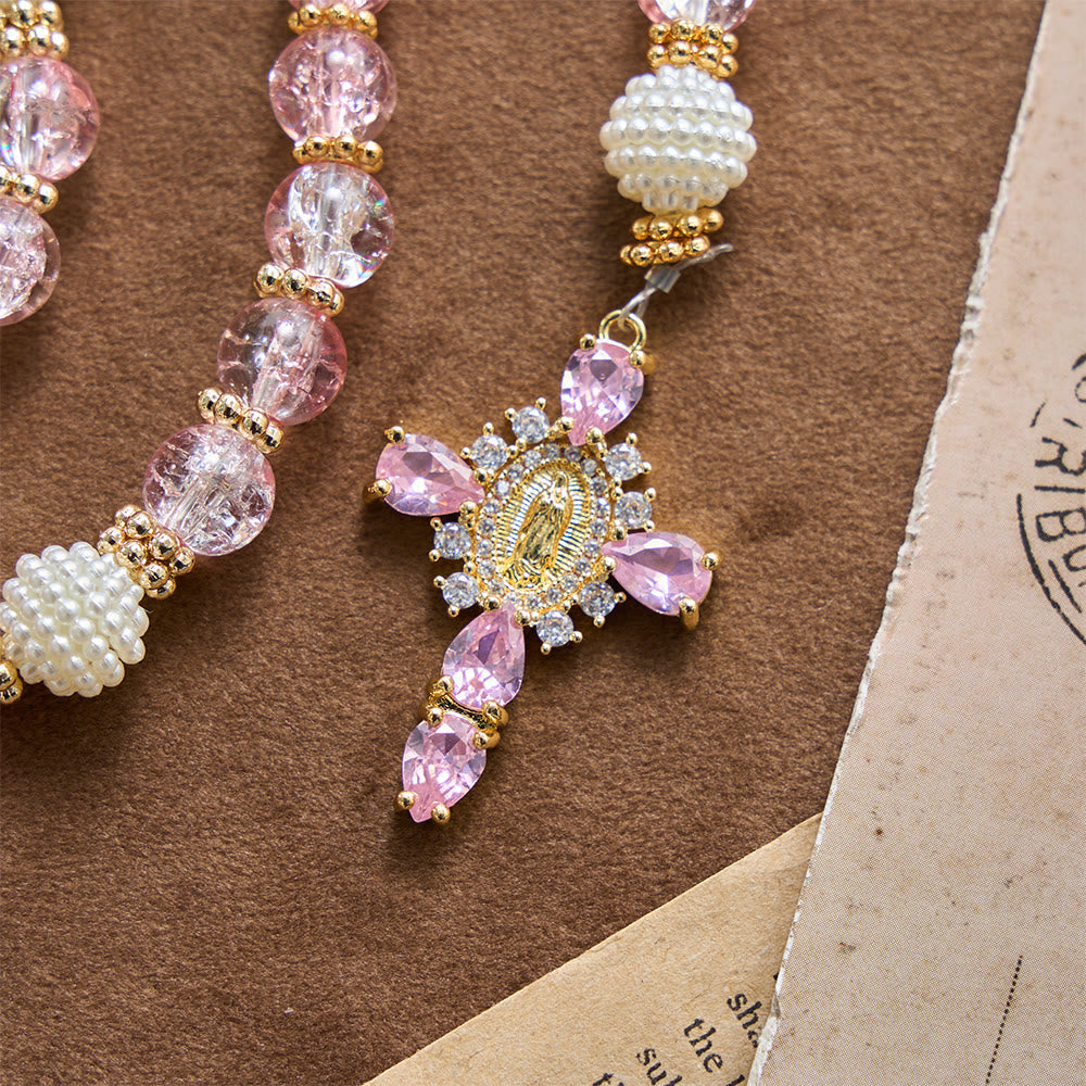 Glossy Transparent Crackle Glass Pink Tone Our Lady Accent Devotional Rosary