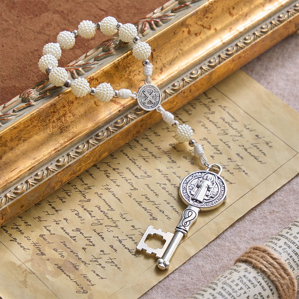 Pearl Cluster Bead Cord Pocket Rosary With Engraved St.Benedict Key Pendant