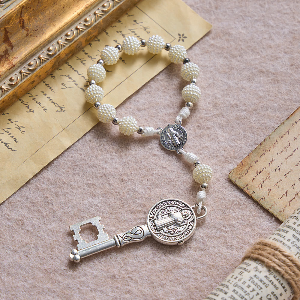 Pearl Cluster Bead Cord Pocket Rosary With Engraved St.Benedict Key Pendant