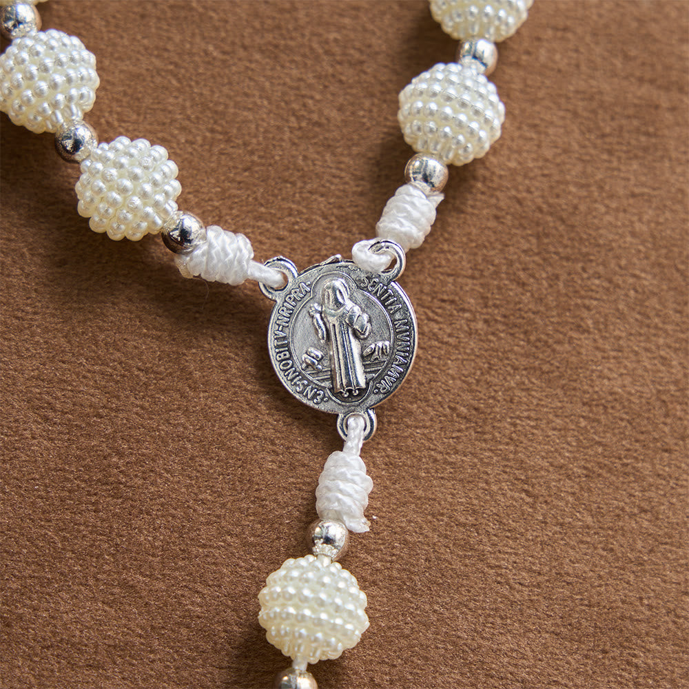Pearl Cluster Bead Cord Pocket Rosary With Engraved St.Benedict Key Pendant