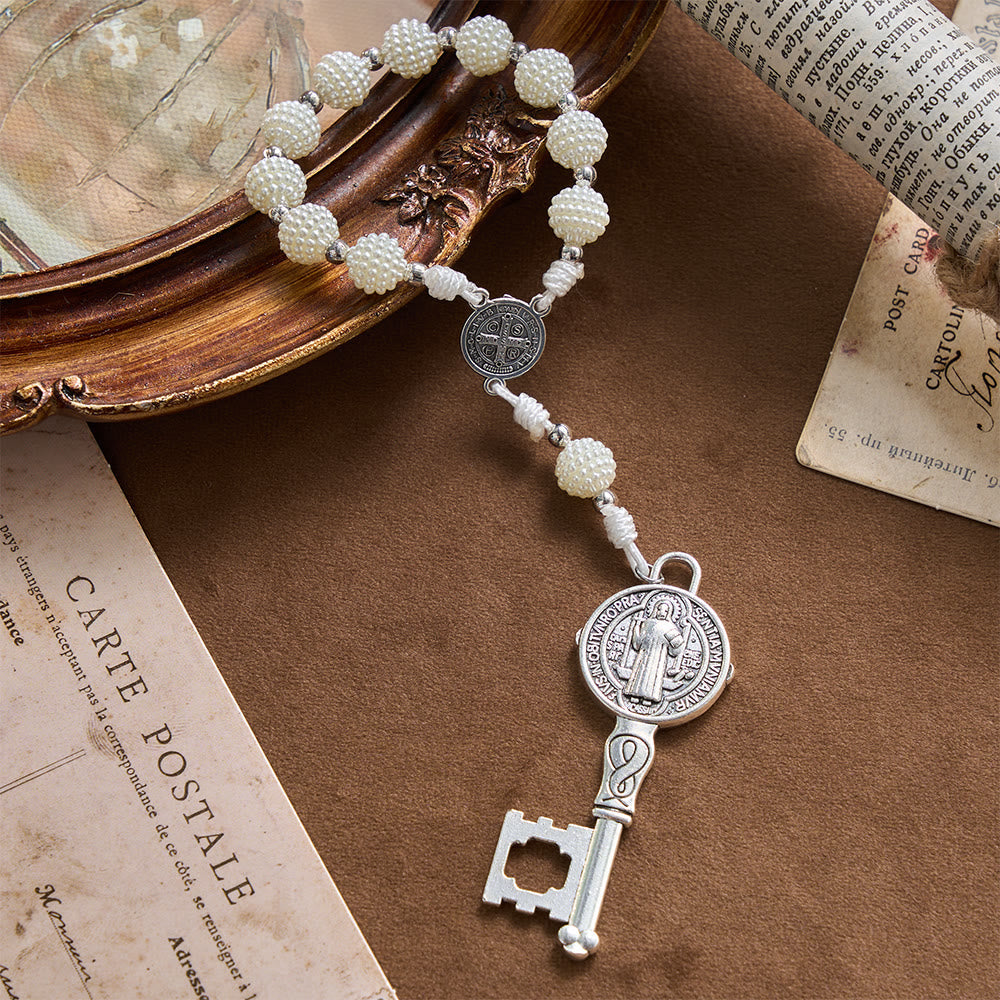 Pearl Cluster Bead Cord Pocket Rosary With Engraved St.Benedict Key Pendant