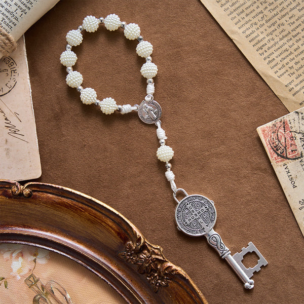Pearl Cluster Bead Cord Pocket Rosary With Engraved St.Benedict Key Pendant