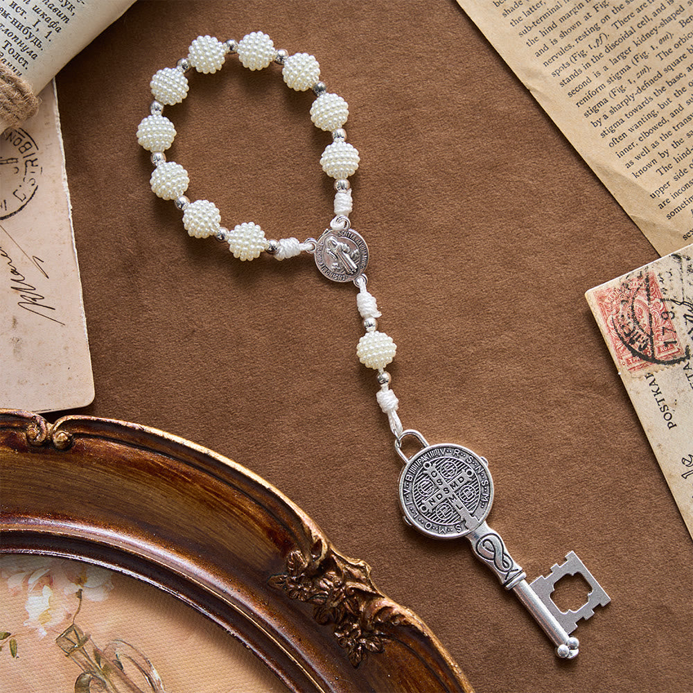Pearl Cluster Bead Cord Pocket Rosary With Engraved St.Benedict Key Pendant