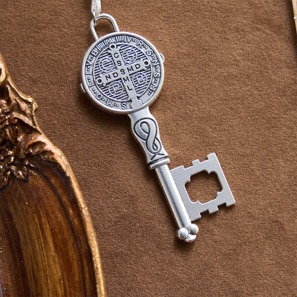 Pearl Cluster Bead Cord Pocket Rosary With Engraved St.Benedict Key Pendant