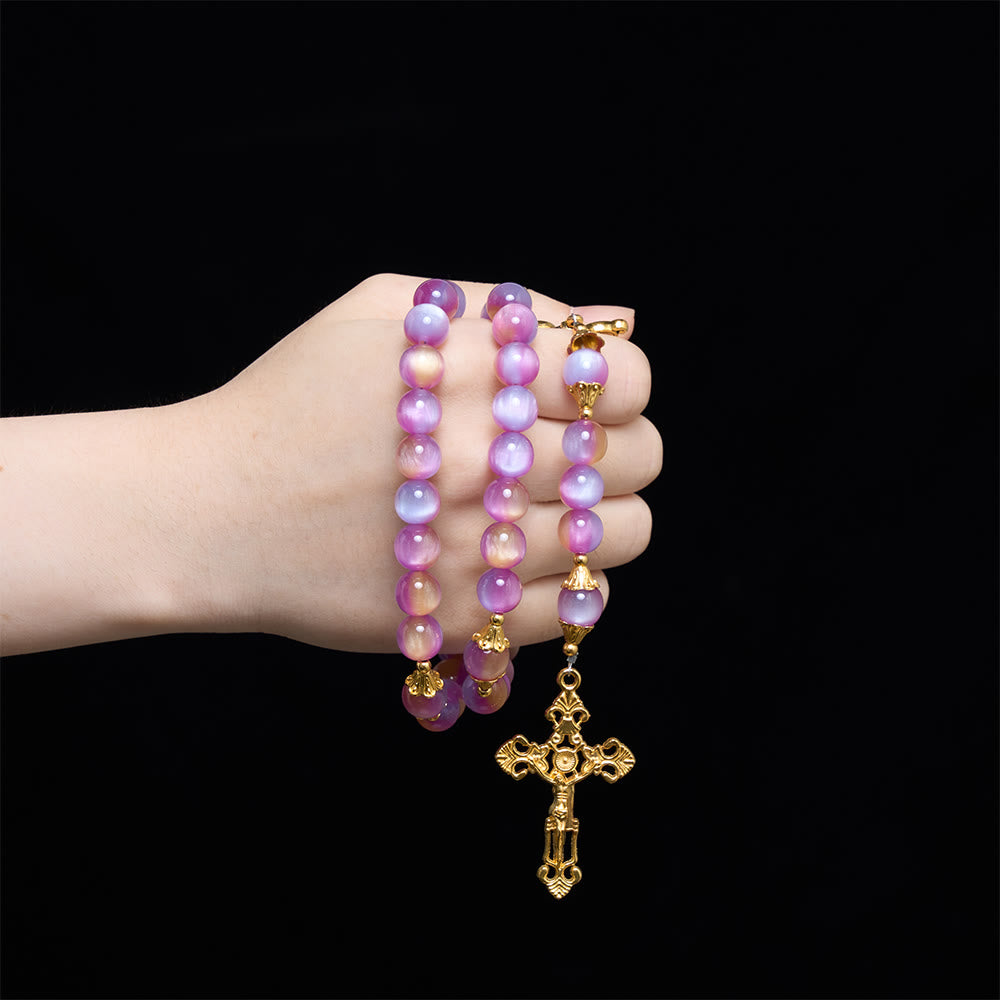 Gradient Iridescent Cat’s Eye Bead Crucifix & Arched Our Lady Prayer Rosary