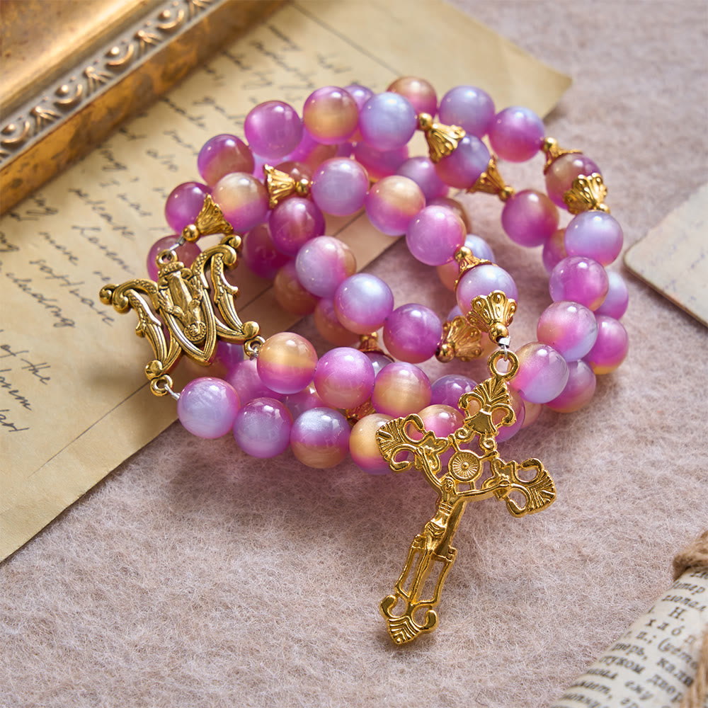 Gradient Iridescent Cat’s Eye Bead Crucifix & Arched Our Lady Prayer Rosary