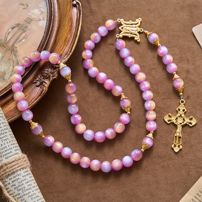 Gradient Iridescent Cat’s Eye Bead Crucifix & Arched Our Lady Prayer Rosary