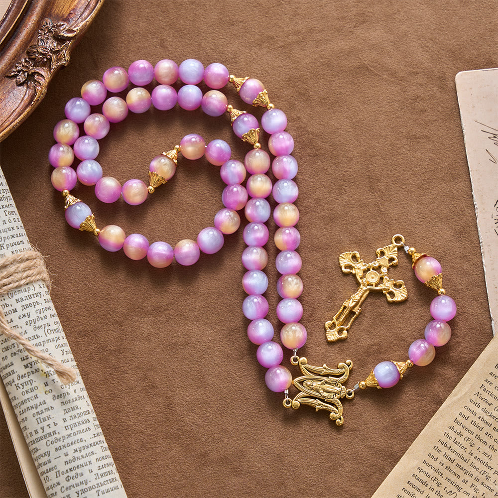 Gradient Iridescent Cat’s Eye Bead Crucifix & Arched Our Lady Prayer Rosary