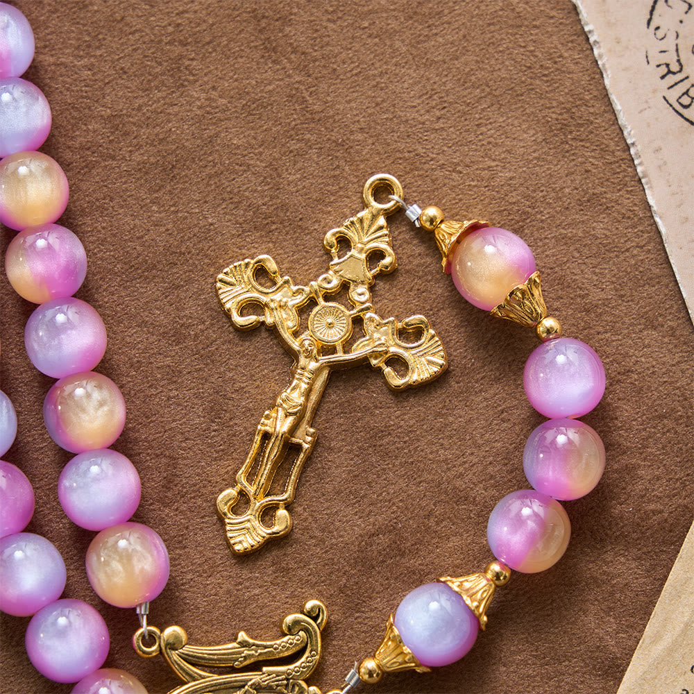 Gradient Iridescent Cat’s Eye Bead Crucifix & Arched Our Lady Prayer Rosary