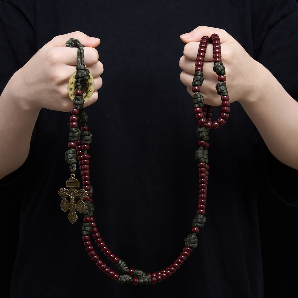 15 Decade Paracord Brown Barrel Bead Miraculous Medal Triple Panel Crucifix Rosary