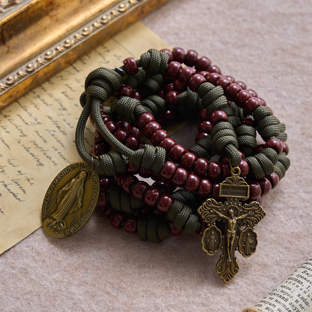 15 Decade Paracord Brown Barrel Bead Miraculous Medal Triple Panel Crucifix Rosary