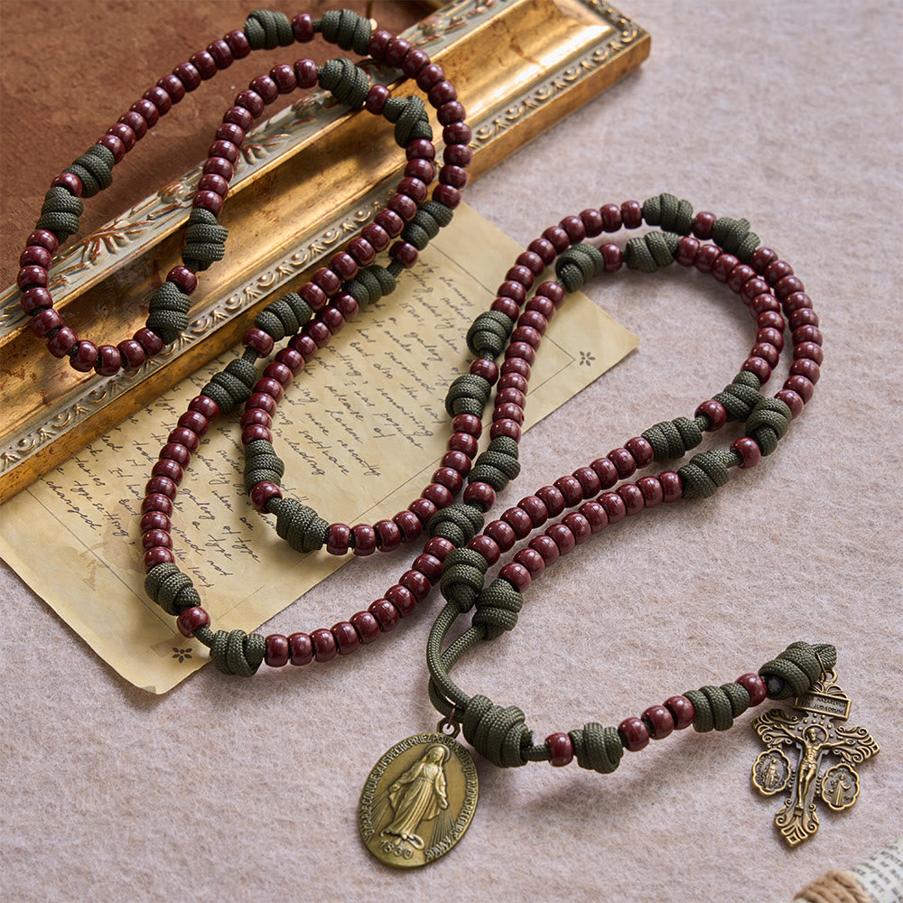 15 Decade Paracord Brown Barrel Bead Miraculous Medal Triple Panel Crucifix Rosary