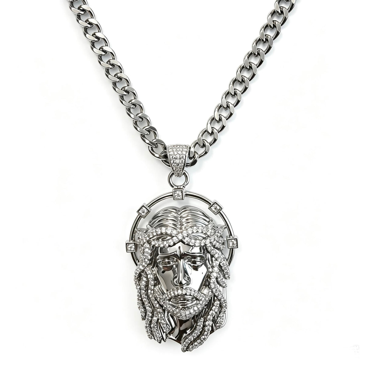 Oval Rhinestone Halo Holy Face Pendant Multiple Style Link Chain Necklace: Timeless Emblem of Gentle Heavenly Guardianship