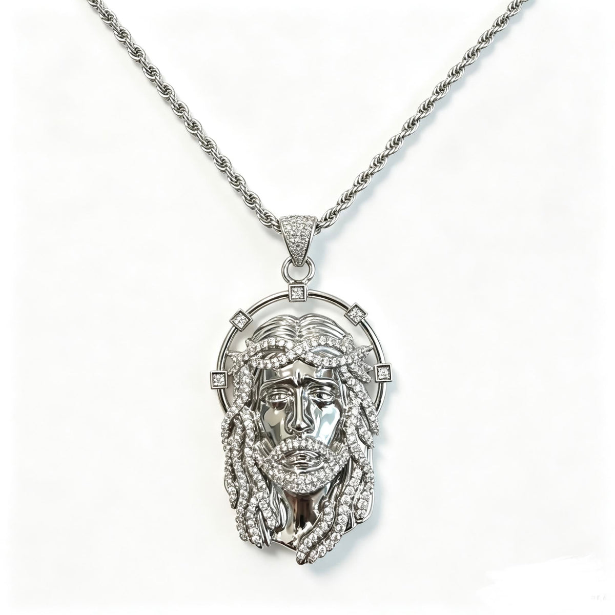 Oval Rhinestone Halo Holy Face Pendant Multiple Style Link Chain Necklace: Timeless Emblem of Gentle Heavenly Guardianship