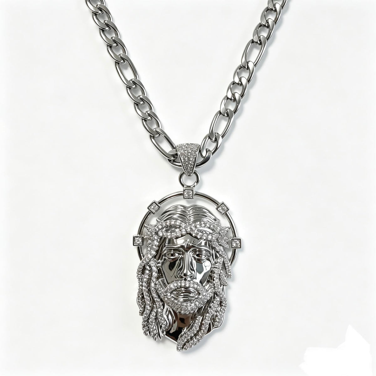 Oval Rhinestone Halo Holy Face Pendant Multiple Style Link Chain Necklace: Timeless Emblem of Gentle Heavenly Guardianship