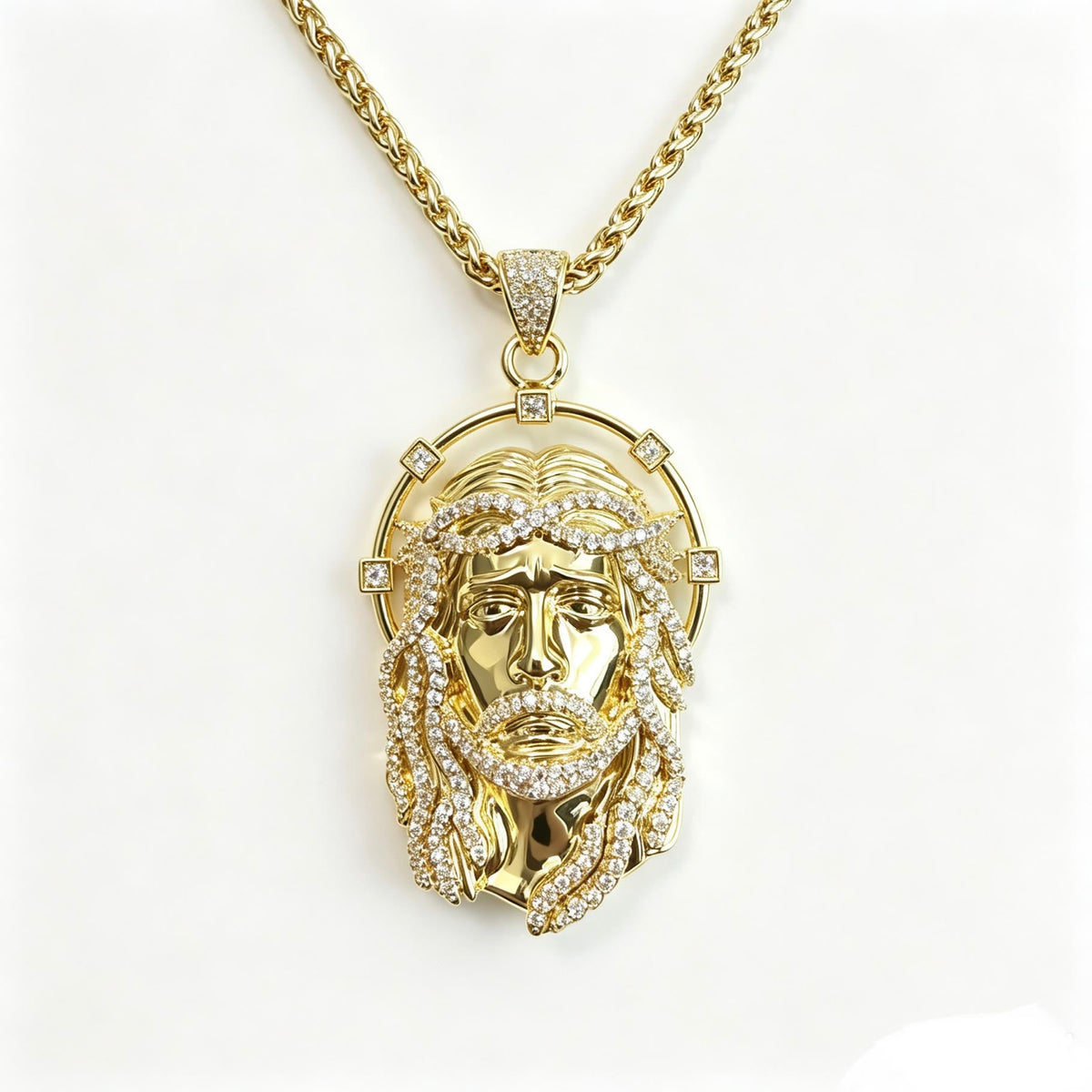 Oval Rhinestone Halo Holy Face Pendant Multiple Style Link Chain Necklace: Timeless Emblem of Gentle Heavenly Guardianship