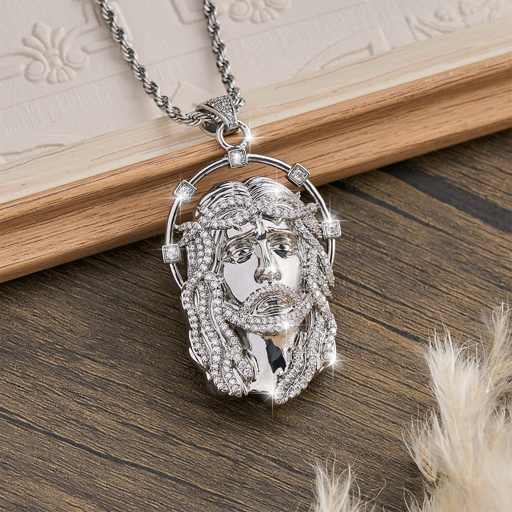 Oval Rhinestone Halo Holy Face Pendant Multiple Style Link Chain Necklace: Timeless Emblem of Gentle Heavenly Guardianship