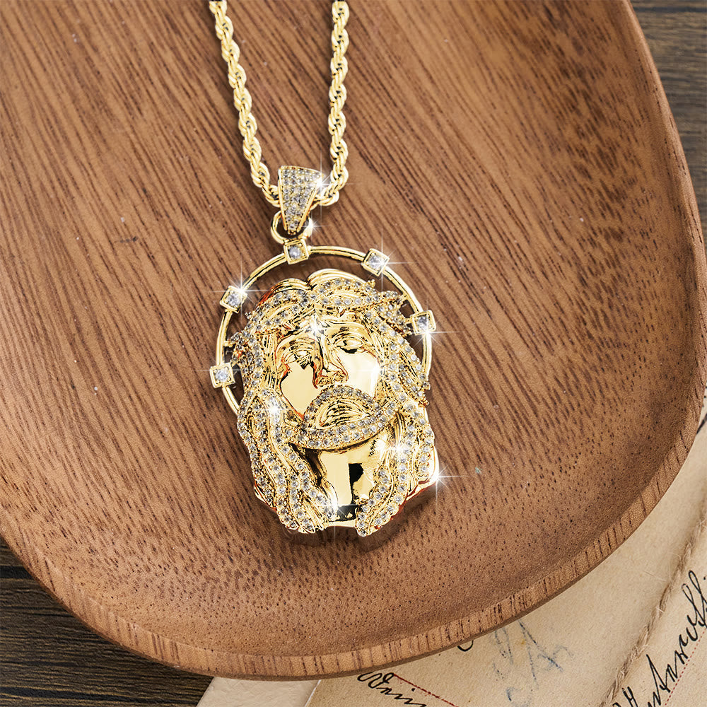 Oval Rhinestone Halo Holy Face Pendant Multiple Style Link Chain Necklace: Timeless Emblem of Gentle Heavenly Guardianship