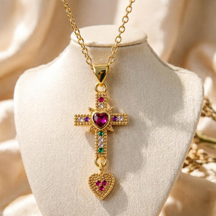 Sparkling Colorful Stone Cross Sacred Heart Necklace & Huggie Hoop Earrings: Timeless Emblem of Gentle Heavenly Guardianship