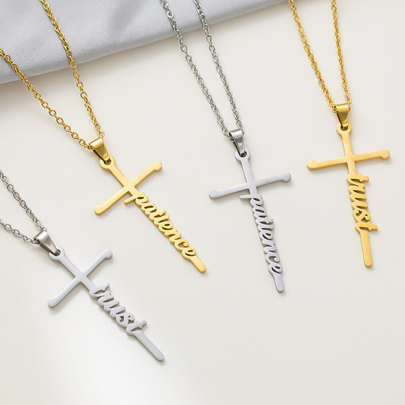 Multi Style Cursive Faith Word Integrated Cross Pendant Thin Link Chain Necklace: Timeless Emblem of Gentle Heavenly Guardianship