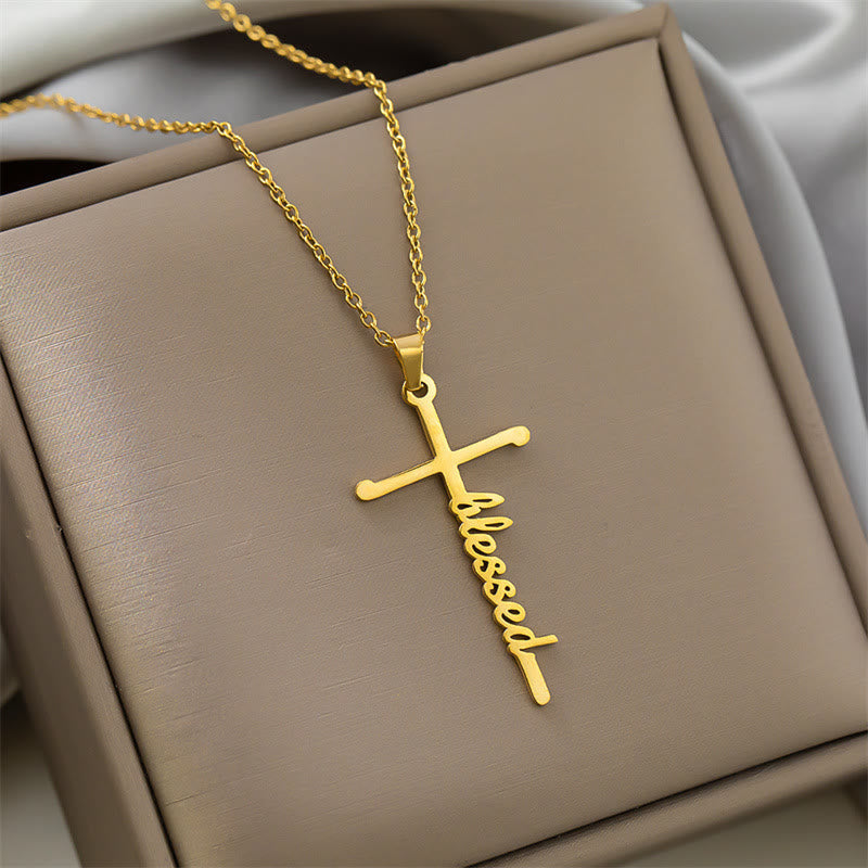 Multi Style Cursive Faith Word Integrated Cross Pendant Thin Link Chain Necklace: Timeless Emblem of Gentle Heavenly Guardianship