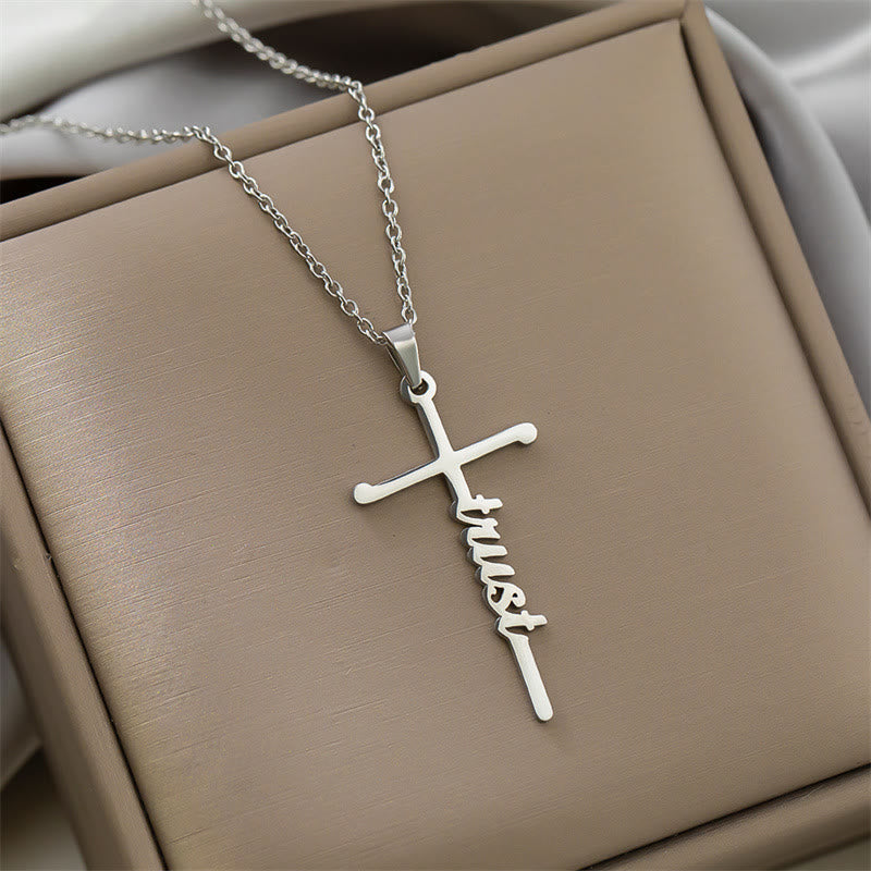 Multi Style Cursive Faith Word Integrated Cross Pendant Thin Link Chain Necklace: Timeless Emblem of Gentle Heavenly Guardianship