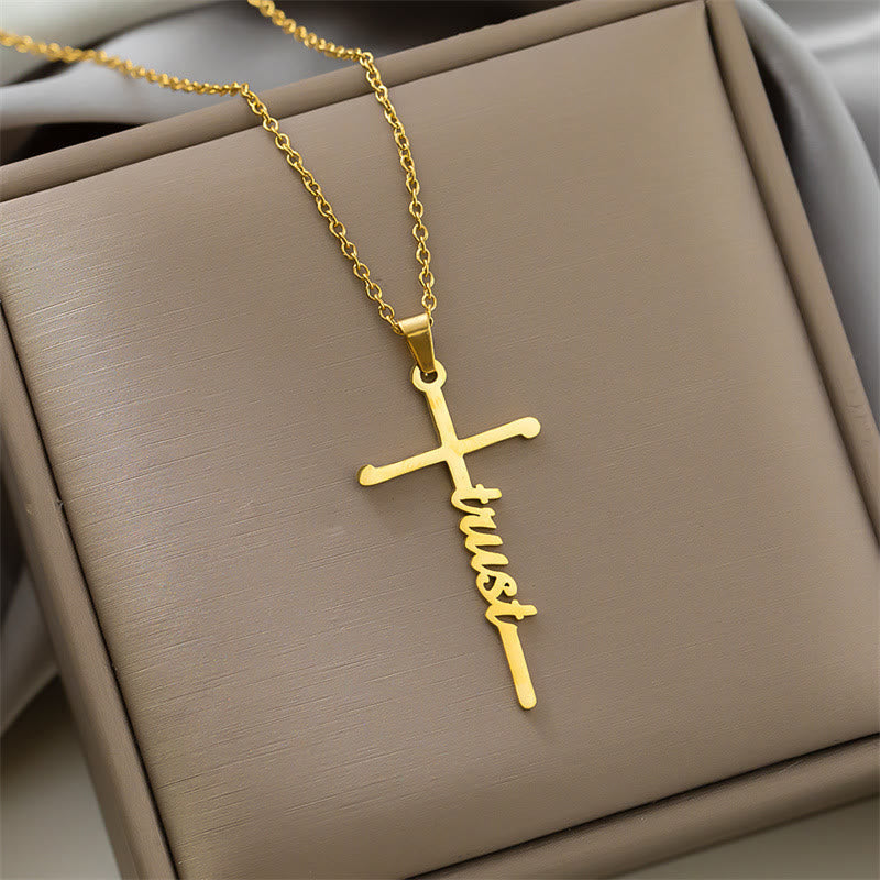 Multi Style Cursive Faith Word Integrated Cross Pendant Thin Link Chain Necklace: Timeless Emblem of Gentle Heavenly Guardianship