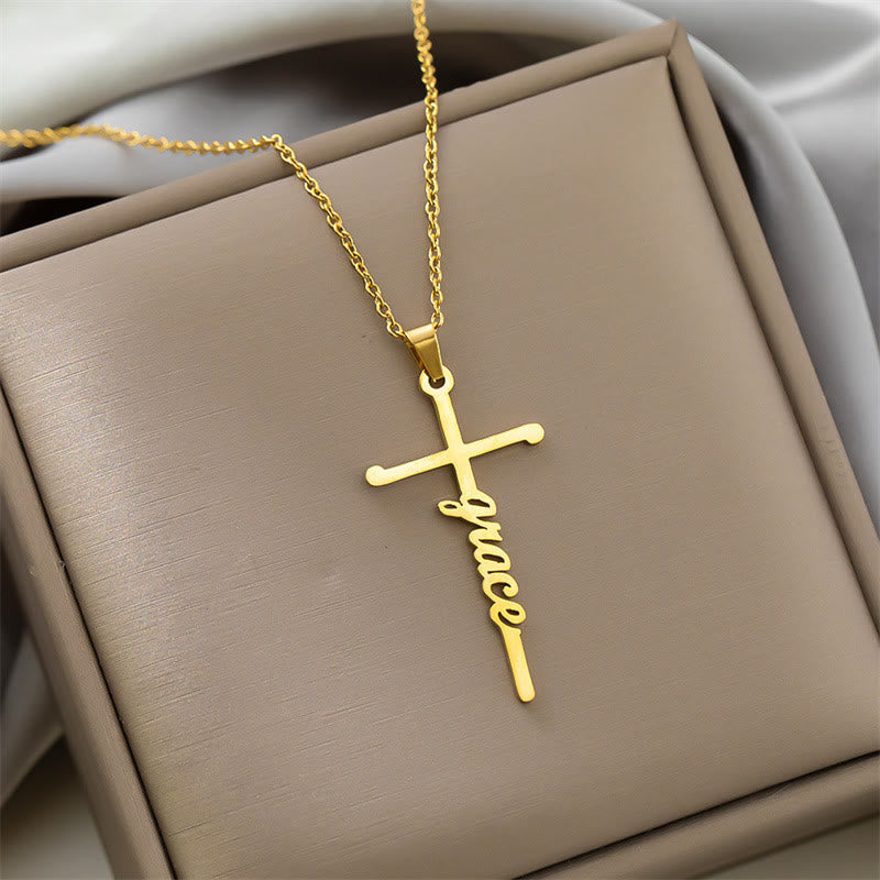 Multi Style Cursive Faith Word Integrated Cross Pendant Thin Link Chain Necklace: Timeless Emblem of Gentle Heavenly Guardianship