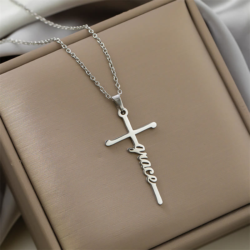 Multi Style Cursive Faith Word Integrated Cross Pendant Thin Link Chain Necklace: Timeless Emblem of Gentle Heavenly Guardianship