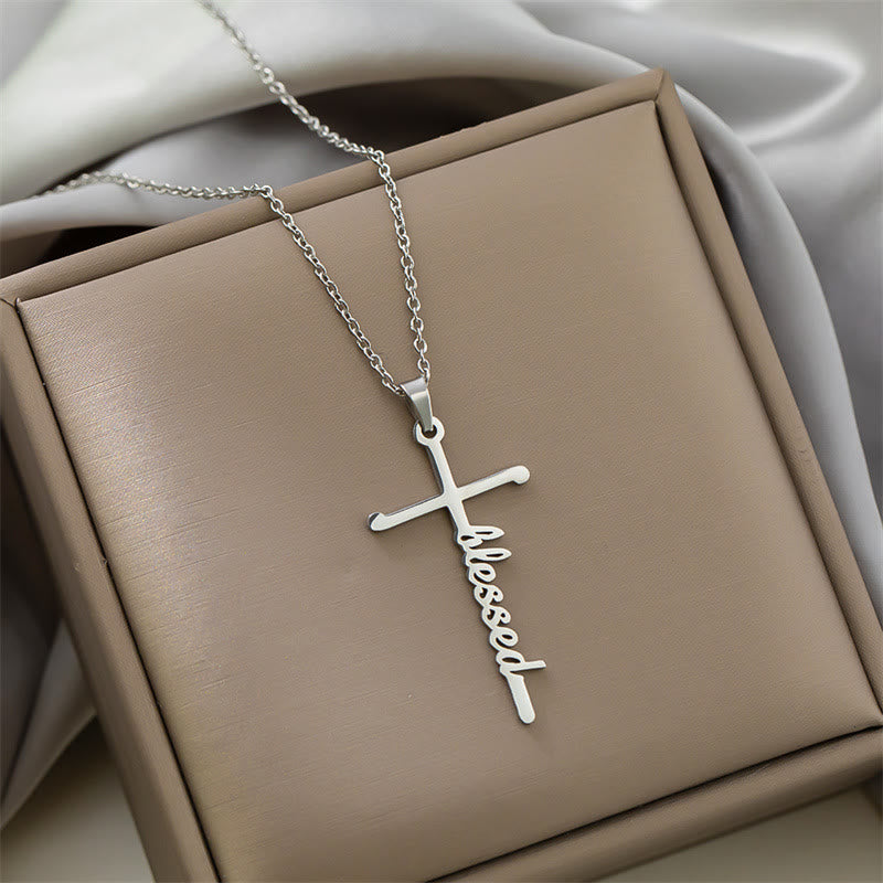 Multi Style Cursive Faith Word Integrated Cross Pendant Thin Link Chain Necklace: Timeless Emblem of Gentle Heavenly Guardianship