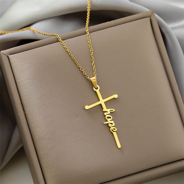 Multi Style Cursive Faith Word Integrated Cross Pendant Thin Link Chain Necklace: Timeless Emblem of Gentle Heavenly Guardianship