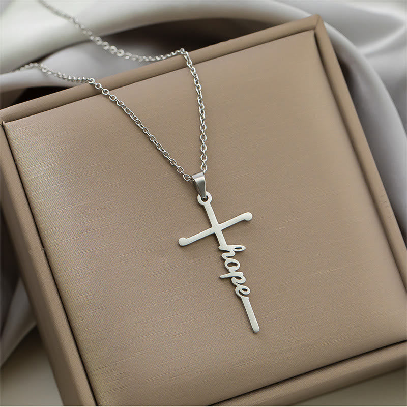 Multi Style Cursive Faith Word Integrated Cross Pendant Thin Link Chain Necklace: Timeless Emblem of Gentle Heavenly Guardianship