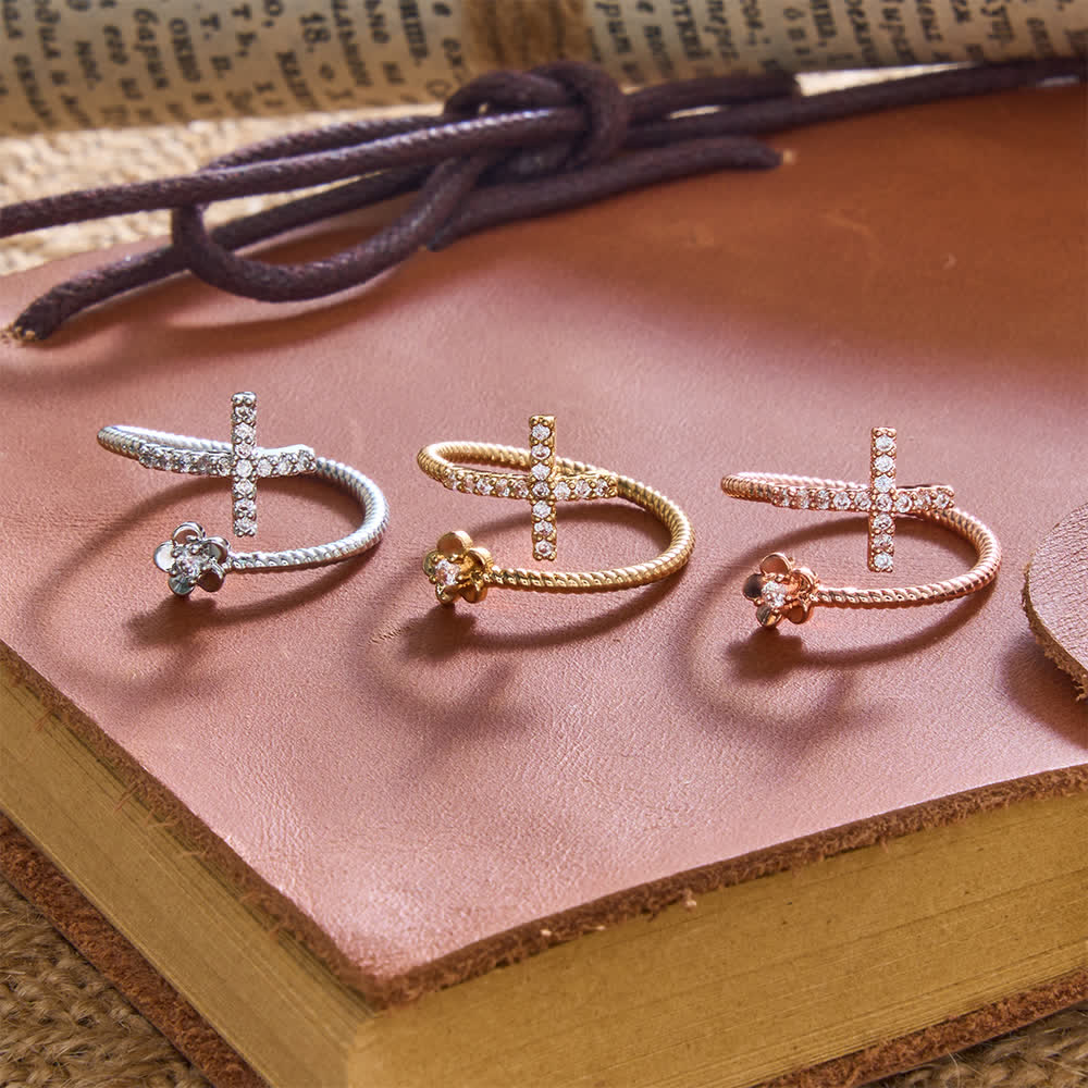Open Cuff Ring with Pave Zircon Cross and Flower Zircon Accent: A Symbol of Tender Grace & Steadfast Sacred Faith
