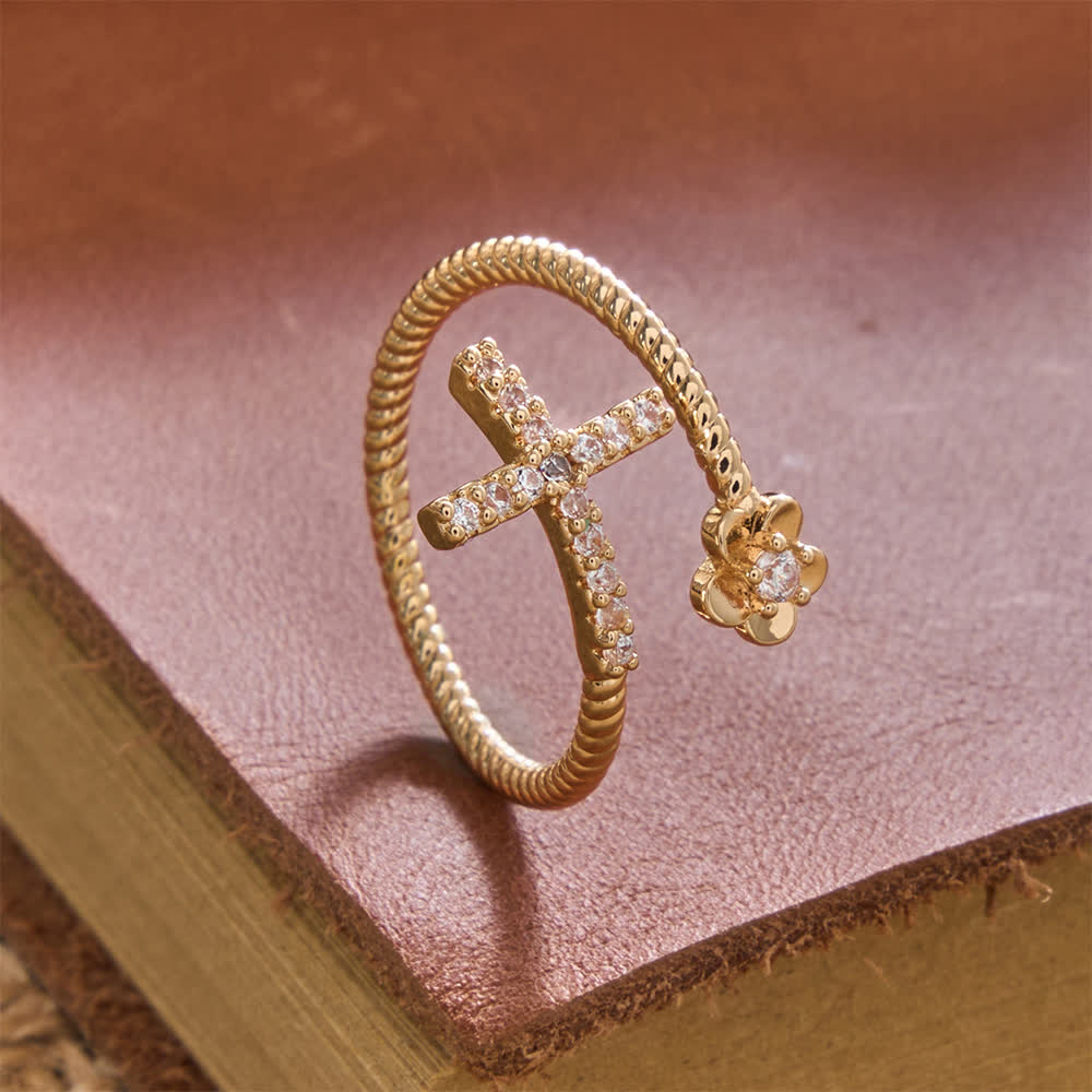 Open Cuff Ring with Pave Zircon Cross and Flower Zircon Accent: A Symbol of Tender Grace & Steadfast Sacred Faith