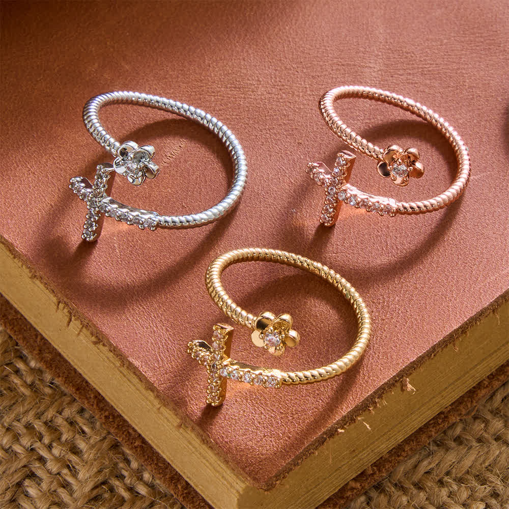 Open Cuff Ring with Pave Zircon Cross and Flower Zircon Accent: A Symbol of Tender Grace & Steadfast Sacred Faith
