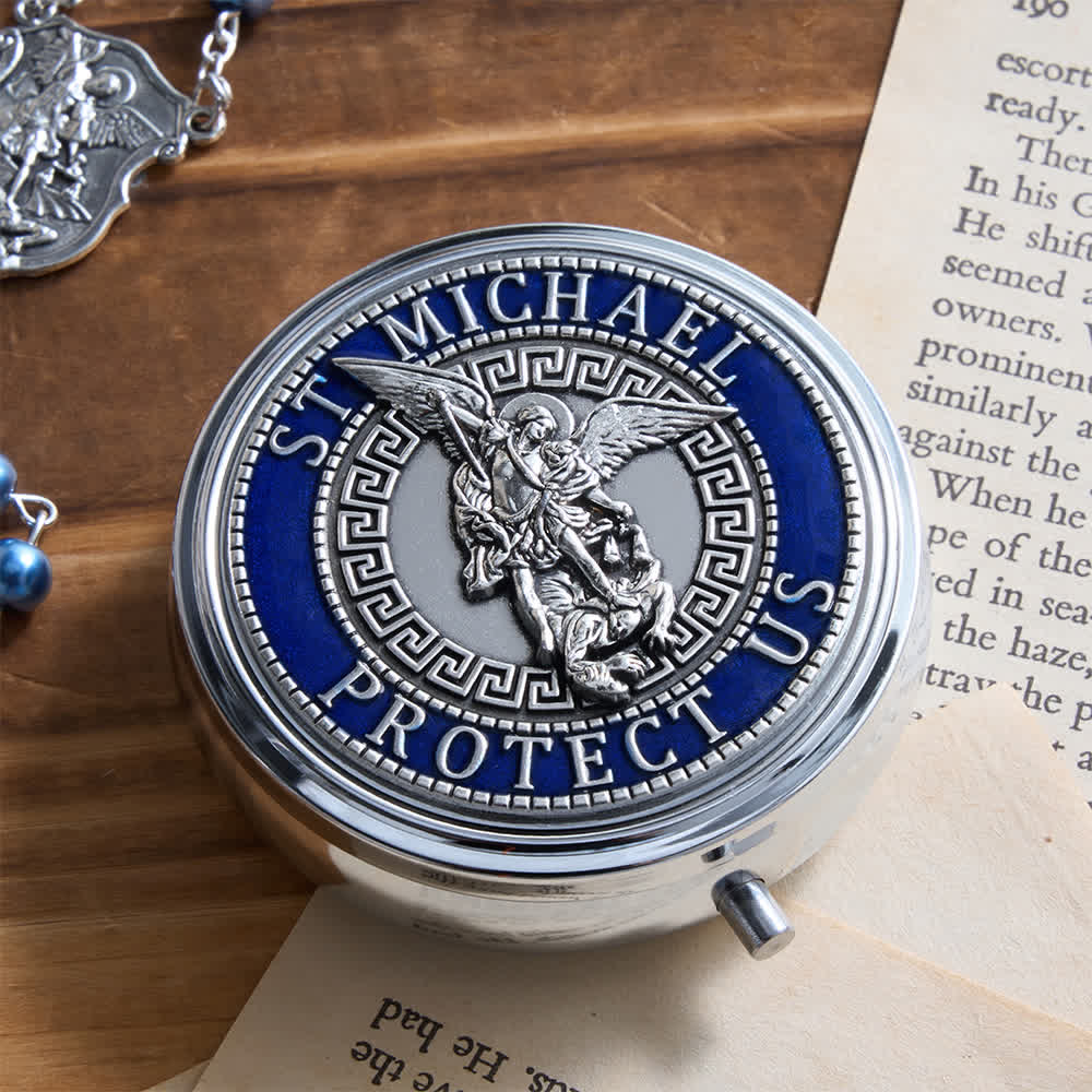 Silver or Blue Rosary with Antique Silver Archangel Medal and Matching Engraved Round Box