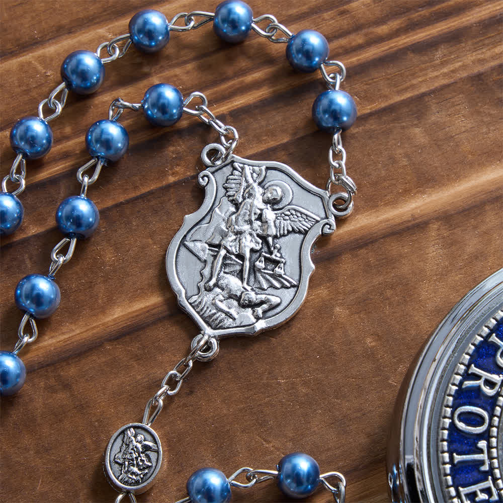 Silver or Blue Rosary with Antique Silver Archangel Medal and Matching Engraved Round Box