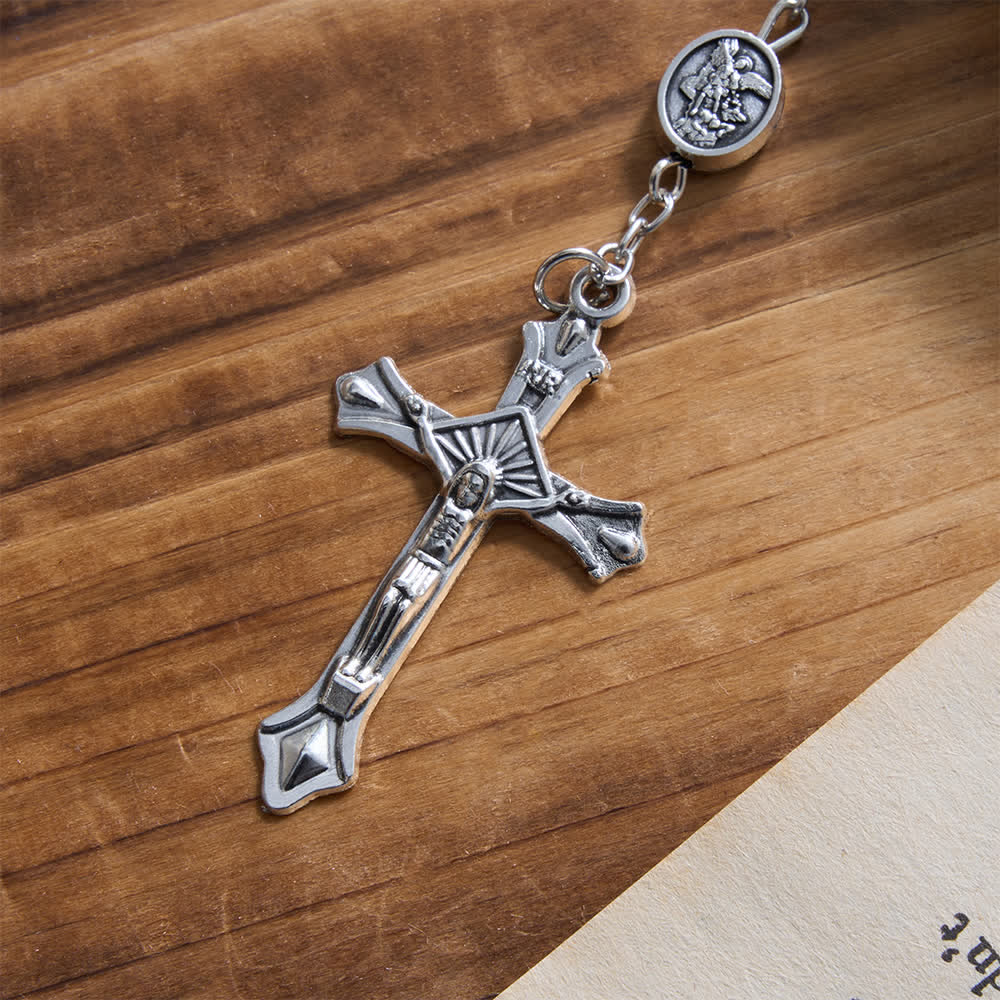 Silver or Blue Rosary with Antique Silver Archangel Medal and Matching Engraved Round Box