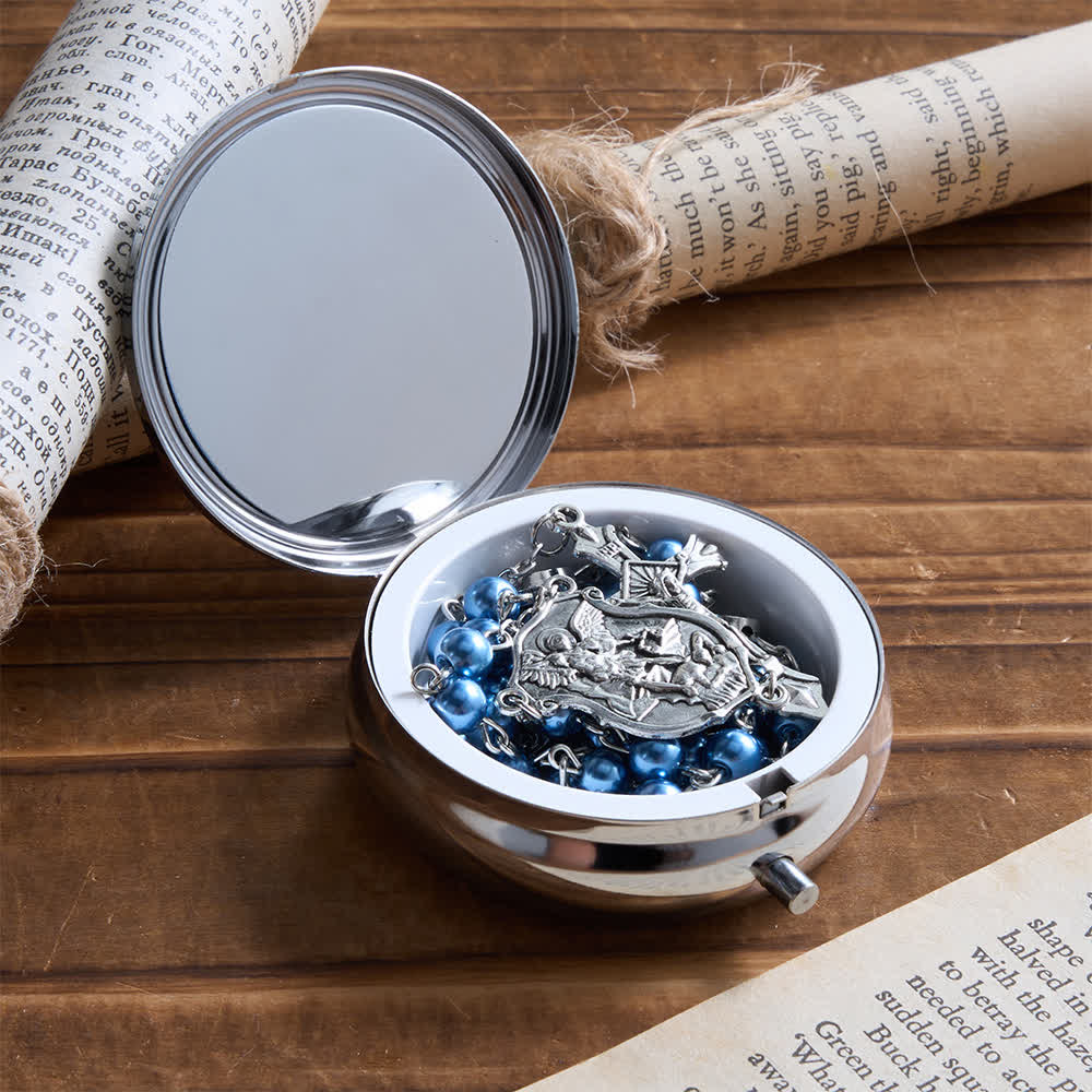 Silver or Blue Rosary with Antique Silver Archangel Medal and Matching Engraved Round Box