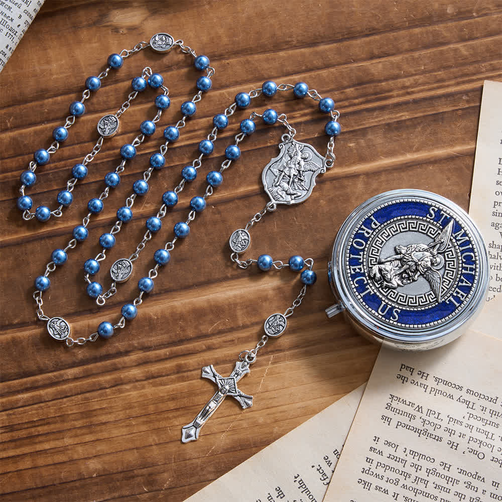 Silver or Blue Rosary with Antique Silver Archangel Medal and Matching Engraved Round Box