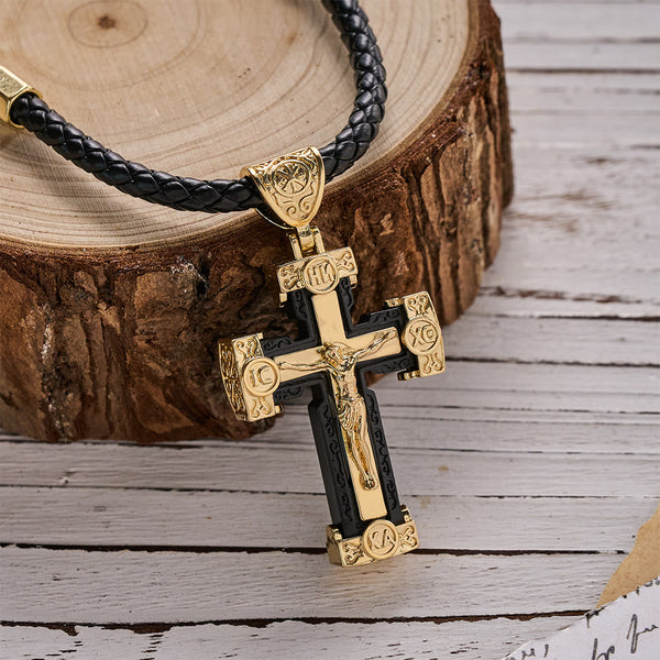Luxury Style Crucifix Jesus Cross Black-gold Alloy Pendant Necklace