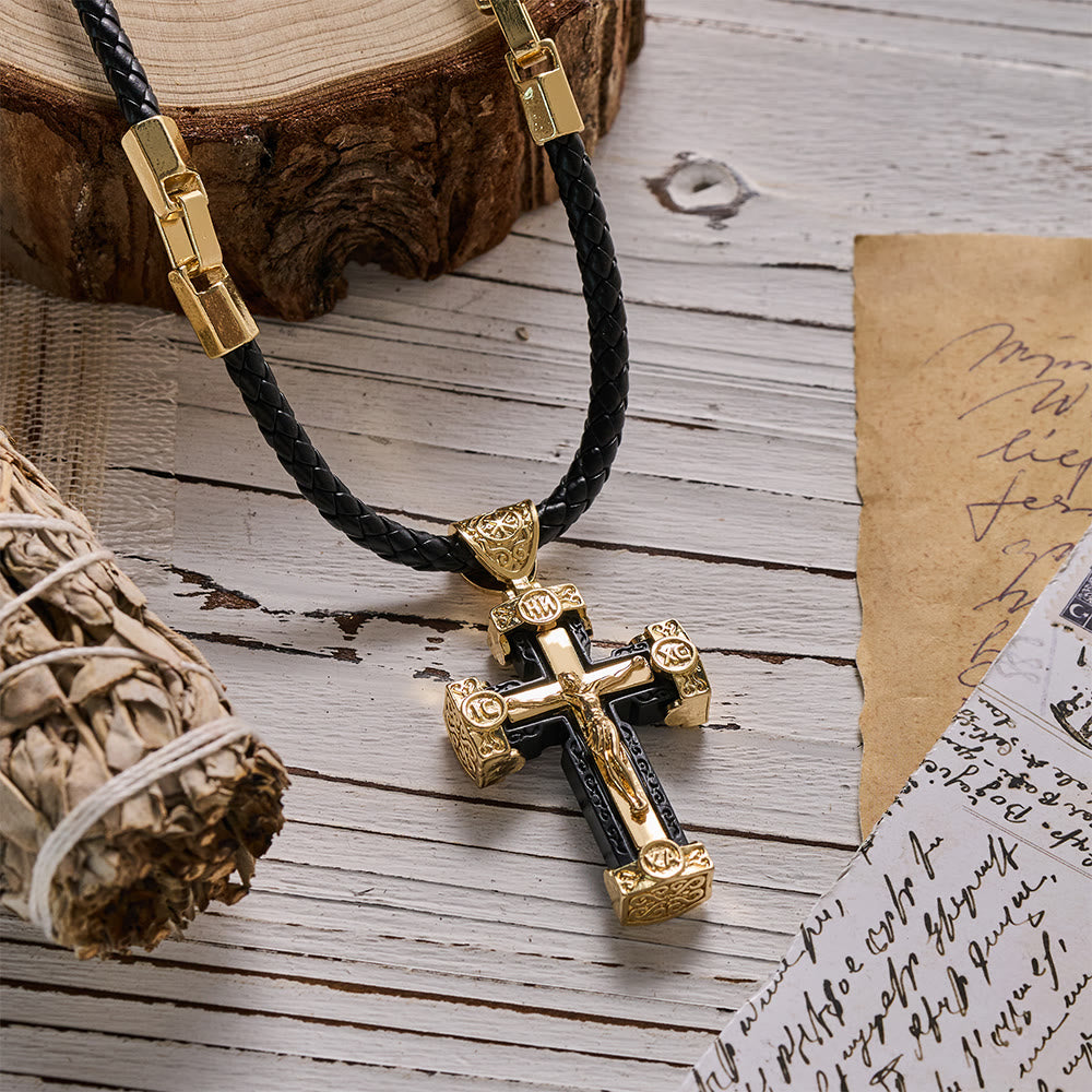 Luxury Style Crucifix Jesus Cross Black-gold Alloy Pendant Necklace